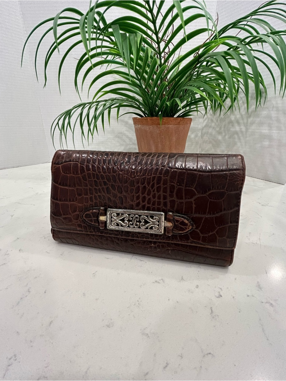Brighton Brown Croc-Embossed Leather Continental Wallet with Silver Accent